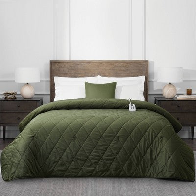 Brookstone Twin Heated Diamond Stitch Quilt Blanket Olive Green