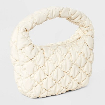Bubble Quilted Clutch Handbag - A New Day Cream: Zip Closure, Single Handle, 11"x7"x3.5"