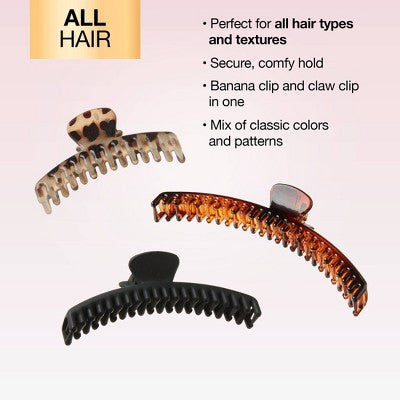 scunci Mixed Size Banana Claw Clips - Fine Hair - 3pcs