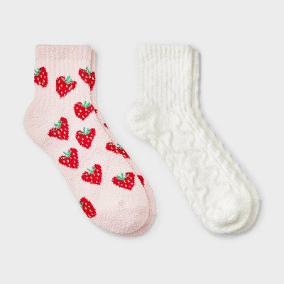 Women's Heart Fruit 2pk Cozy Quarter Crew Socks - Pink/Cream Combo 4-10