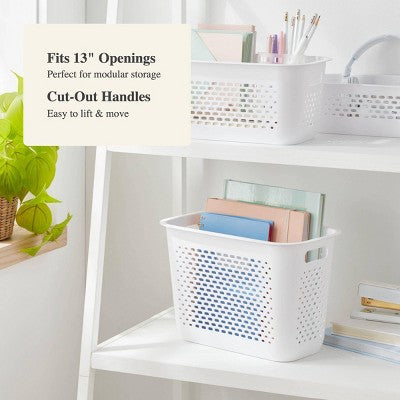 Narrow Large Decorative Plastic Bin White - Brightroom: Modern Storage with Cut-Out Handles, 13" Cube Compatible