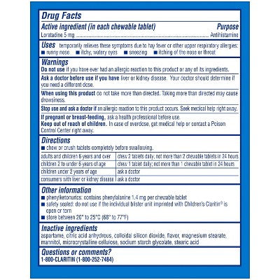 Claritin Children's 24-Hour Allergy Relief Chewables, Non-Drowsy, 5mg Loratadine, Dye-Free, Grape, Ages 2+ - 10ct