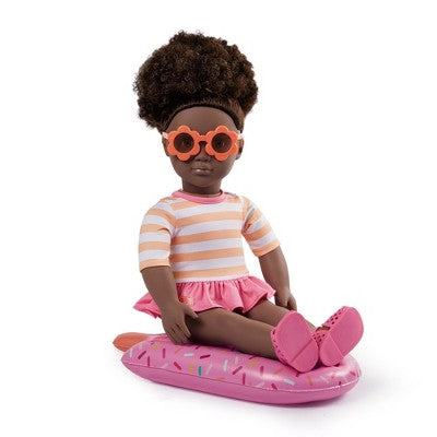 Our Generation Nadya 18" Doll with Swimsuit and Pink Pool Float Accessory: Fashion Doll, Curly Dark Brown Hair