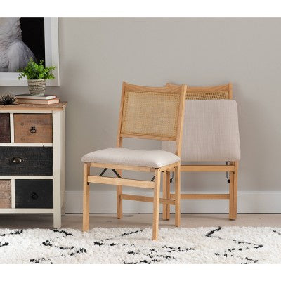 Bayley Rattan Back Fabric Folding Chair Natural - Powell: Linen Upholstered, Rubberwood Frame, No Assembly Required (LOCAL PICKUP ONLY)