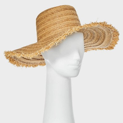 Straw Fringe Wide Brim Boater Hat - A New Day Natural L/XL