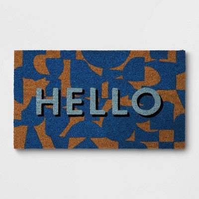 1'4"x2'4" Hello Geo Rectangular Outdoor Doormat Blue - Room Essentials (LOCAL PICKUP ONLY)