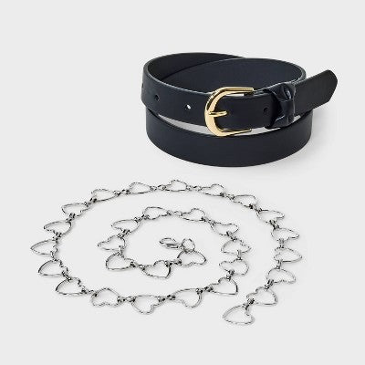 Girls' 2pk Bow and Heart Chain Belt - art class Black/Silver S