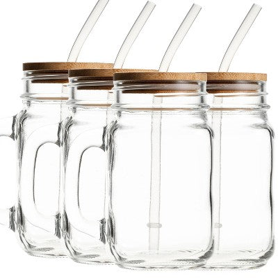 4PC Glass Jars with Bamboo Lids and Straw, 16oz Mason Jar Drinking Glasses – Reusable Tumbler Set for Cold Beverages