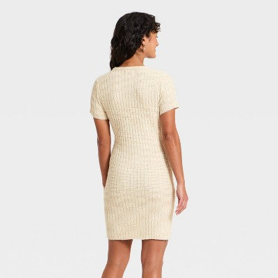 Women's Short Sleeve Rib Mini Sweater Dress -  Oatmeal XS