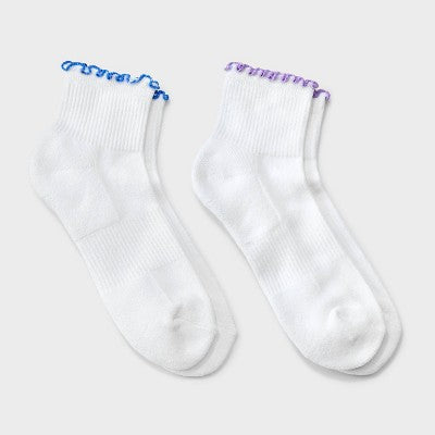 Women's Lettuce Edge Cushioned 2pk Ankle Socks - JoyLab White/Purple/Blue 4-10