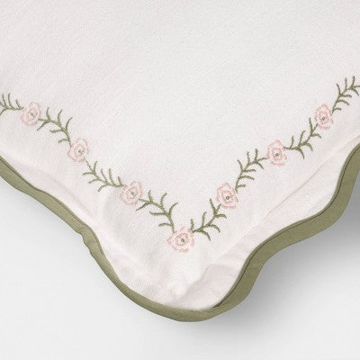 18''x18'' Woven Pillow with Embroidery and Scallop Ivory and Green - Threshold