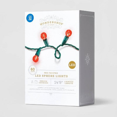 60ct LED Faceted Sphere Christmas String Lights Red with Green Wire - Wondershop: Indoor/Outdoor, 3mm LED