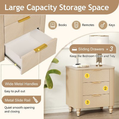 ModernLuxe Fluted 3 Drawers Nightstand Bedside Table End Table, Mid-Century Side Table with Gold Glossy Handles & Gourd Legs, Champagne (LOCAL PICKUP ONLY)