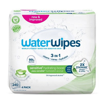 WaterWipes Sensitive+ Hydrating Boost Wipes, 3-In-1 Cleans, 99% Water with Aloe Vera, Unscented & Hypoallergenic Baby Wipes - 240ct