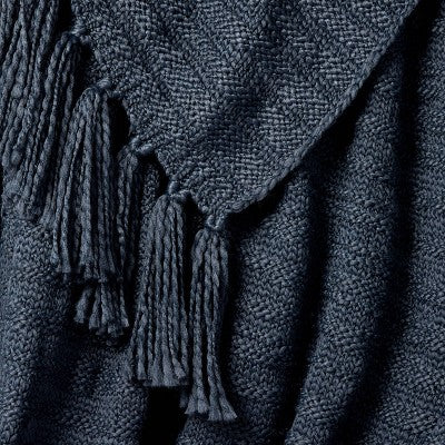 Raised Striped Chunky Knit Throw Blanket Navy - Threshold designed with Studio McGee: Midweight Polyester, 50x60", Tassels