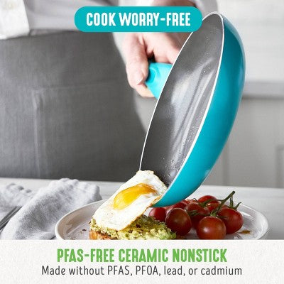 GreenLife Essentials 2pk (8" and 10") Ceramic Nonstick Aluminum Fry Pan Set Caribbean Blue: Cookware Set, Dishwasher-Safe