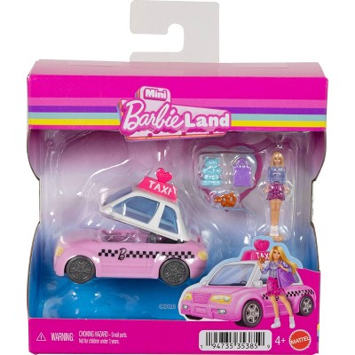 Barbie Mini Barbie Land Doll & Vehicle Set, Toy Taxi with 1.5" Doll & Accessories