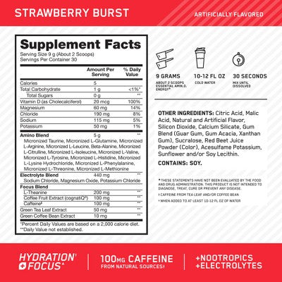 Optimum Nutrition Essential Amino Energy Hydration Plus Focus Powder - Strawberry Burst - 30 Servings - 9.5oz