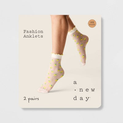 Women's Cherries and Lemons Sheer 2pk Anklet Socks - A New Day Black/White 4-10: Lightweight Knit, Banded Cuff