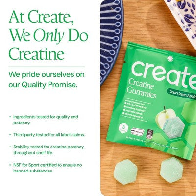 Create Wellness Gummies Made with Pure Creatine Monohydrate NSF Certified for Sport - Sour Green Apple - 45ct/15 Servings