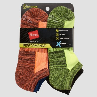 Hanes Premium Boys' 6pk No Show Socks - Colors May Vary M: Knit, Arch Support, Moisture Wicking