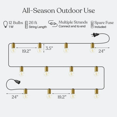 Brightech 12-Bulb LED Glow Antique Brass 1W 26ft 2700K G40 Indoor Outdoor Plug-in Orb and Globe String Lights Clear Bulb Black Wire