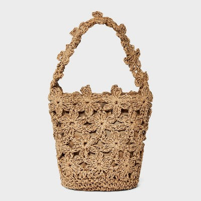 Straw Mini Floral Bucket Bag - A New Day Beige: Woven Paper Straw, Magnetic Closure, Structured Design