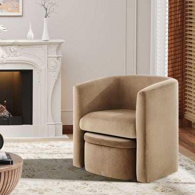 Barrel Armchair with Storage Ottoman – Khaki Fabric Accent Chair, Comfortable Lounge Chair for Living Room or Bedroom (LOCAL PICKUP ONLY)