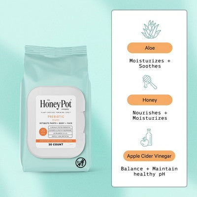 The Honey Pot Company, Prebiotic Feminine Cleansing Wipes, Intimate Parts, Body or Face - 30ct