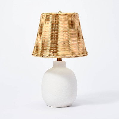 18.5"x11" Ceramic Table Lamp with Rattan Shade White - Threshold designed with Studio McGee: Nightstand Wicker Lighting
