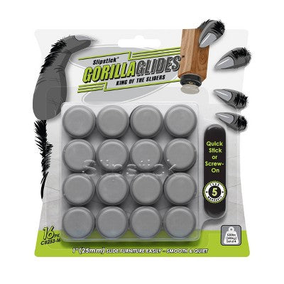 Gorilla Glid 1" Round Gorilla Glide Chair Slider Glide: Floor Chair Protector Pads, Gray, 16 Pack, Floor Care Accessories