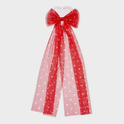 Valentines Heart Printed Tulle Bow - Red