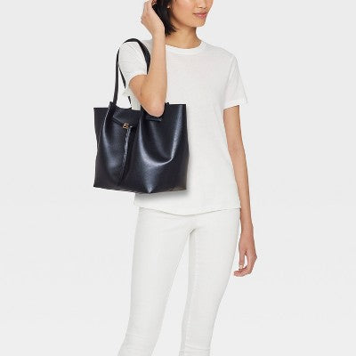 Belted Pinched Handle Tote Handbag - A New Day Black