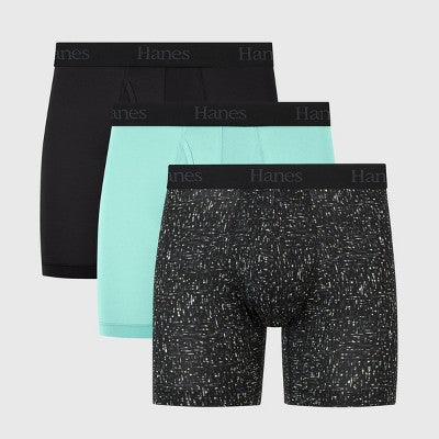Hanes Originals Premium Super Stretch Boxer Briefs 3pk - Aqua Blue/Black S: Tagless, Moisture Wicking, Quick Drying