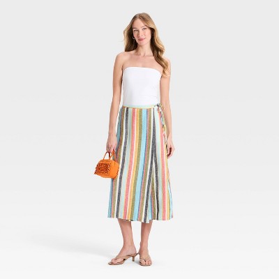 Women's Linen Midi Wrap Skirt - A New Day Cream Striped L