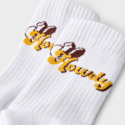 Women's "Howdy" Cowboy Hat Cushioned Ribbed 2pk Mid Crew Socks - White/Brown Heather 4-10