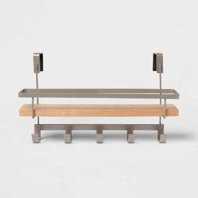 Shelf Rack with 5 Hooks Brushed Nickel - Brightroom: Wall-Mounted, Steel Bathroom Storage Organizer