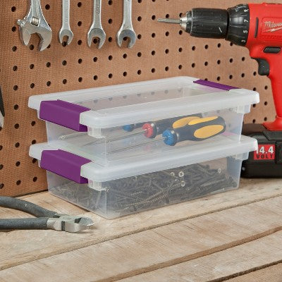 Sterilite 1.9qt Purple Latch Box Clear: Plastic Storage Bin with Lid, Portable, Stackable, Built-In Handles, Universal Use