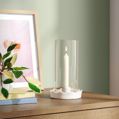 Scalloped Ceramic and Glass Hurricane Taper Candle Holder White - Room Essentials