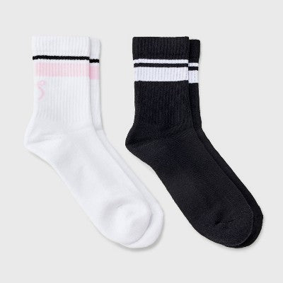 Women's Bow Cushioned Ribbed 2pk Mid Crew Socks - White/Black/Pink 4-10