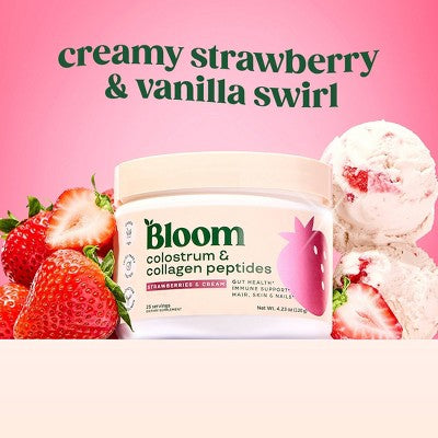 BLOOM NUTRITION Colostrum & Collagen Peptides Powder - Strawberries & Cream - 25 Servings