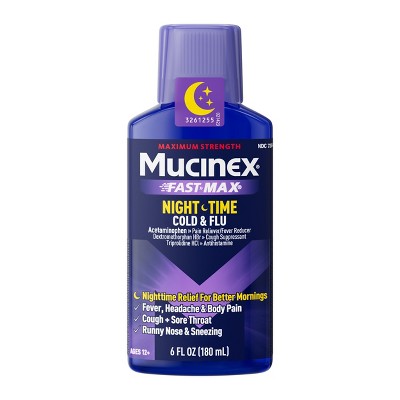 Mucinex Cold & Flu Medicine Nighttime - Liquid - 6 fl oz: Contains Antihistamine, 650mg Acetaminophen, Original Flavor
