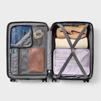 Carry On Spinner Wheels Suitcase with Front Pocket Black - Open Story