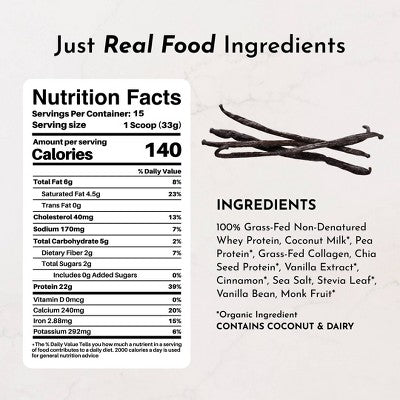 Just Ingredients Vanilla Bean Protein Mix - 17.5oz - 15 servings: Non-Caffeinated Powder, Sports Drink