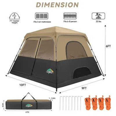 COBIZI 6-8 Person Camping Tent, Easy Setup Waterproof Windproof Backpacking Tent with Removable Rainfly (LOCAL PICKUP ONLY)