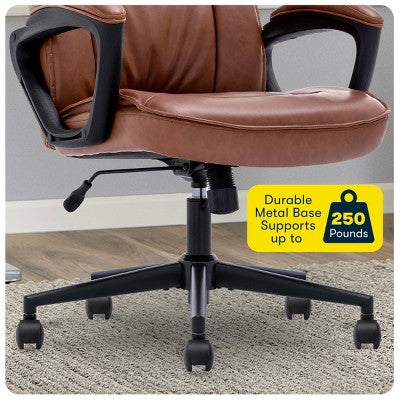 Style Hannah Office Chair Bonded Leather Comfort Cognac - Serta: Ergonomic Lumbar Support, Adjustable Height (LOCAL PICKUP ONLY)