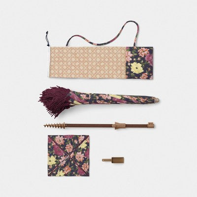 6' Round Floral Beach Umbrella with Fringe Burgundy - Threshold (LOCAL PICKUP ONLY)