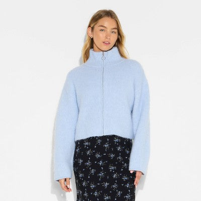 Women's Full Zip Mock Turtleneck Cardigan - Light Blue M