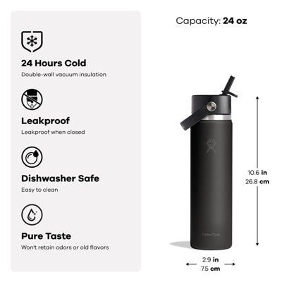 Hydro Flask 24 fl oz Stainless Steel Wide Mouth Flex Straw Water Bottle - Black