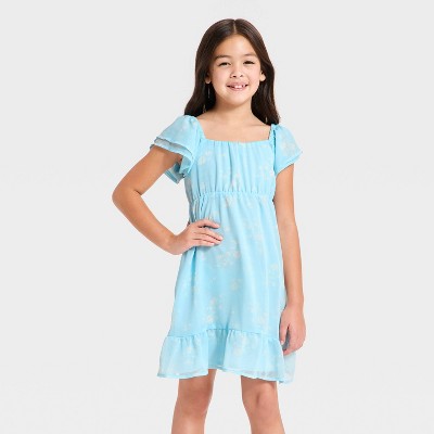 Girls' Ruffle Short Sleeve Chiffon Floral Dress - Light Blue L